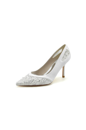 Champagne High Heels with Silver Bead and Lace Trim - KissProm