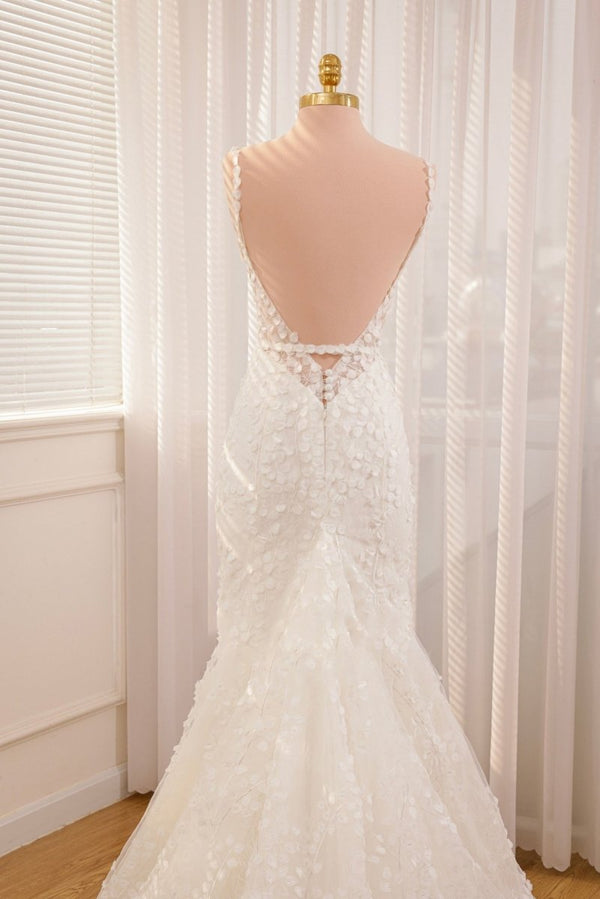 Straps White Lace Mermaid Wedding Dress With Appliques