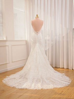 Straps White Lace Mermaid Wedding Dress With Appliques