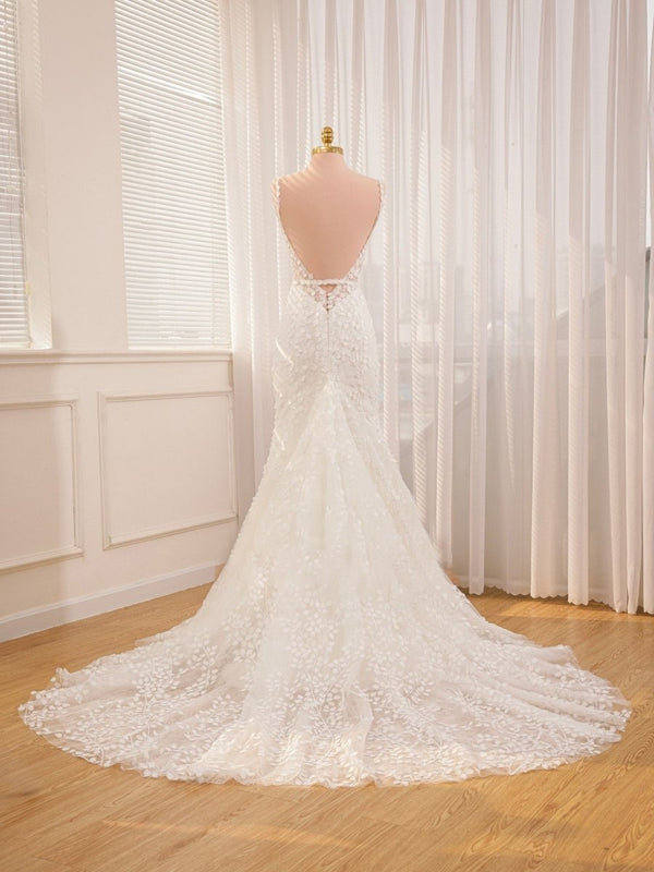 Straps White Lace Mermaid Wedding Dress With Appliques