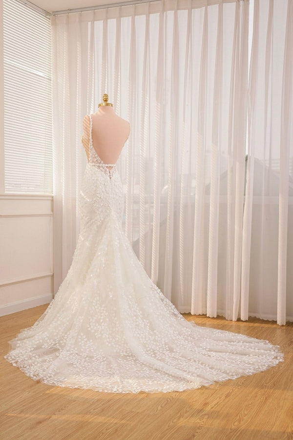 Straps White Lace Mermaid Wedding Dress With Appliques
