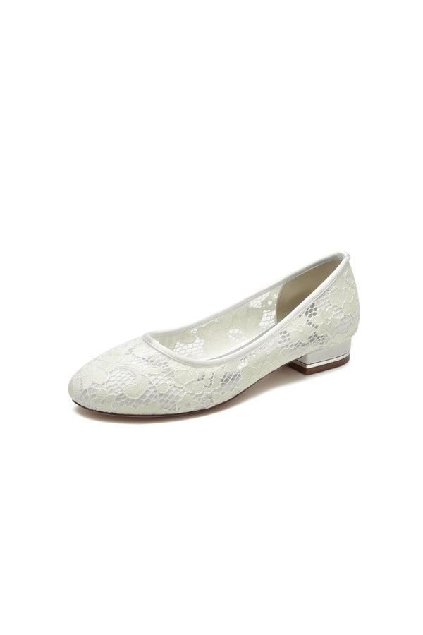 KissProm White Lace Open Toe Flats Bridal Shoes, Ivory / US6