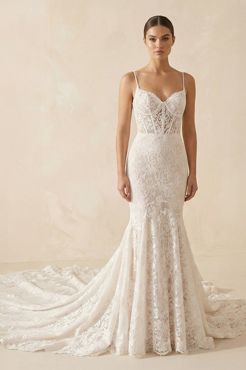 White Lace Sweetheart Sleeveless Mermaid Long Wedding Dress, Diamond White / 14 / Lace