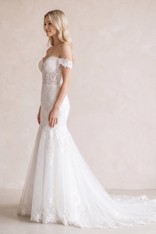 White Long Tulle Mermaid Wedding Dress with Lace Appliques - KISSPROM