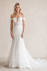White Long Tulle Mermaid Wedding Dress with Lace Appliques - KISSPROM