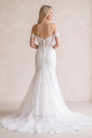 White Long Tulle Mermaid Wedding Dress with Lace Appliques - KISSPROM