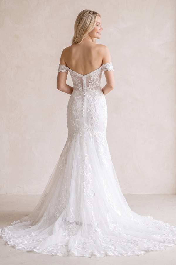 White Long Tulle Mermaid Wedding Dress with Lace Appliques - KISSPROM
