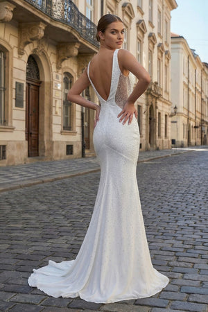  KissProm-White Mermaid V-Neck Beaded Long Prom Dress