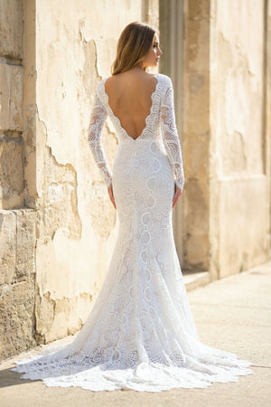 KissProm White Mermaid Boho Long Lace Wedding Dress with Sleeves, Diamond White / 18