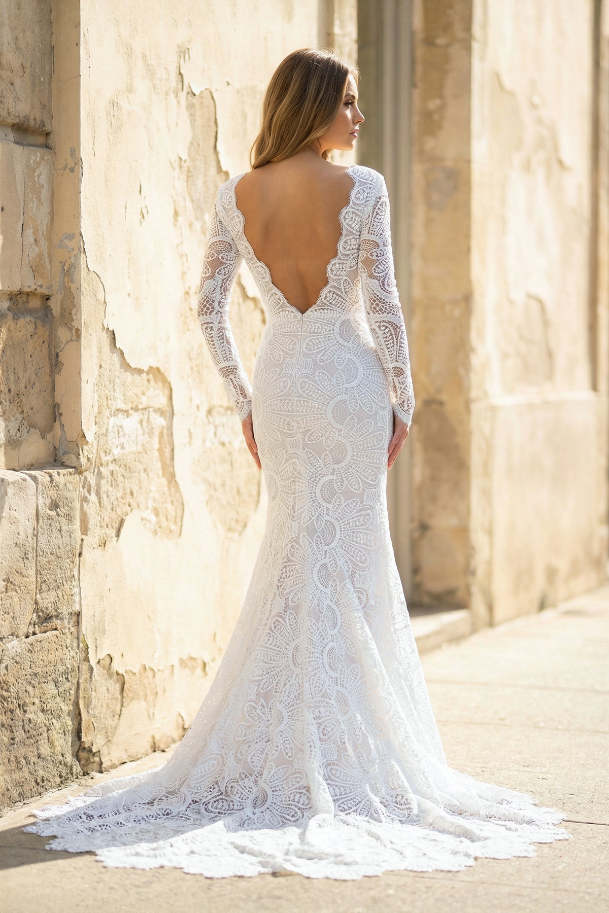 White Mermaid Boho Long Lace Wedding Dress with Sleeves White Mermaid Boho Long Lace Wedding Dress with Sleeves