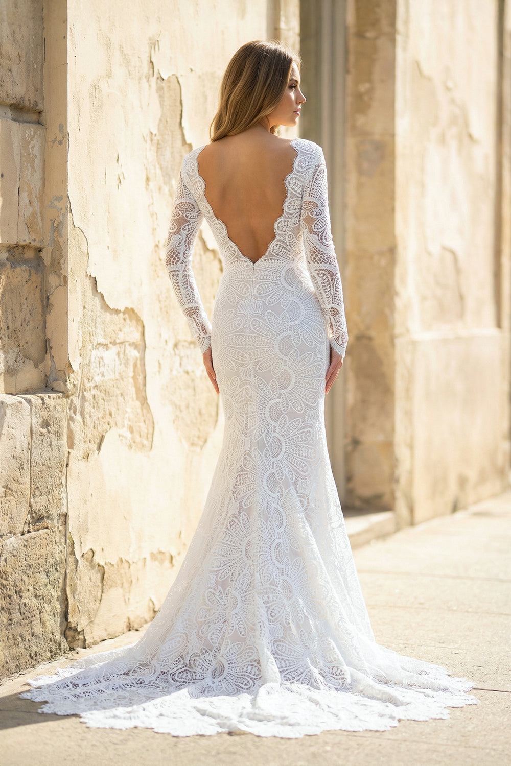 Lillie | White Mermaid Boho Long Lace Wedding Dress with Sleeves