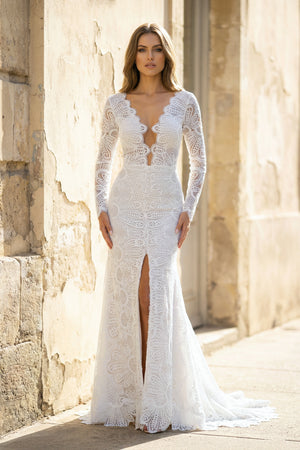 White Mermaid Boho Long Lace Wedding Dress with Sleeves, Diamond White / 18 White Mermaid Boho Long Lace Wedding Dress with Sleeves, Diamond White / 18