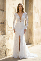 Lillie | White Mermaid Boho Long Lace Wedding Dress with Sleeves