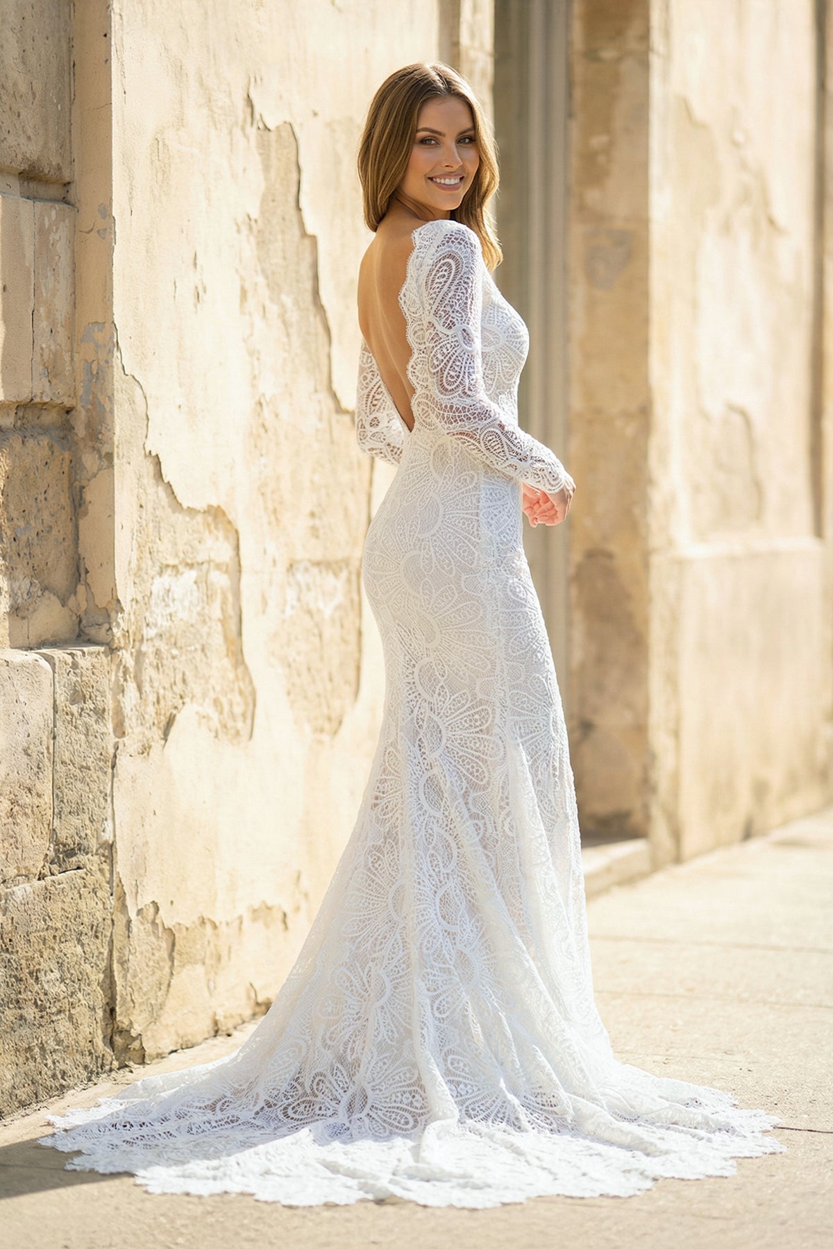 White Mermaid Boho Long Lace Wedding Dress with Sleeves, Diamond White / 18 White Mermaid Boho Long Lace Wedding Dress with Sleeves, Diamond White / 18