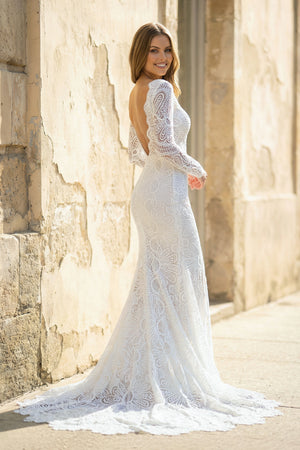 Lillie | White Mermaid Boho Long Lace Wedding Dress with Sleeves