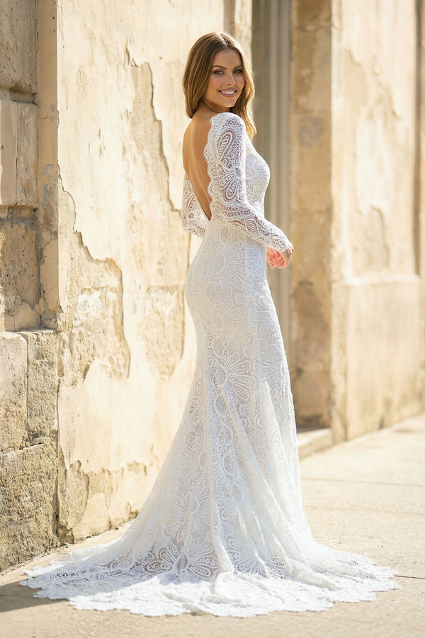 Lillie | White Mermaid Boho Long Lace Wedding Dress with Sleeves