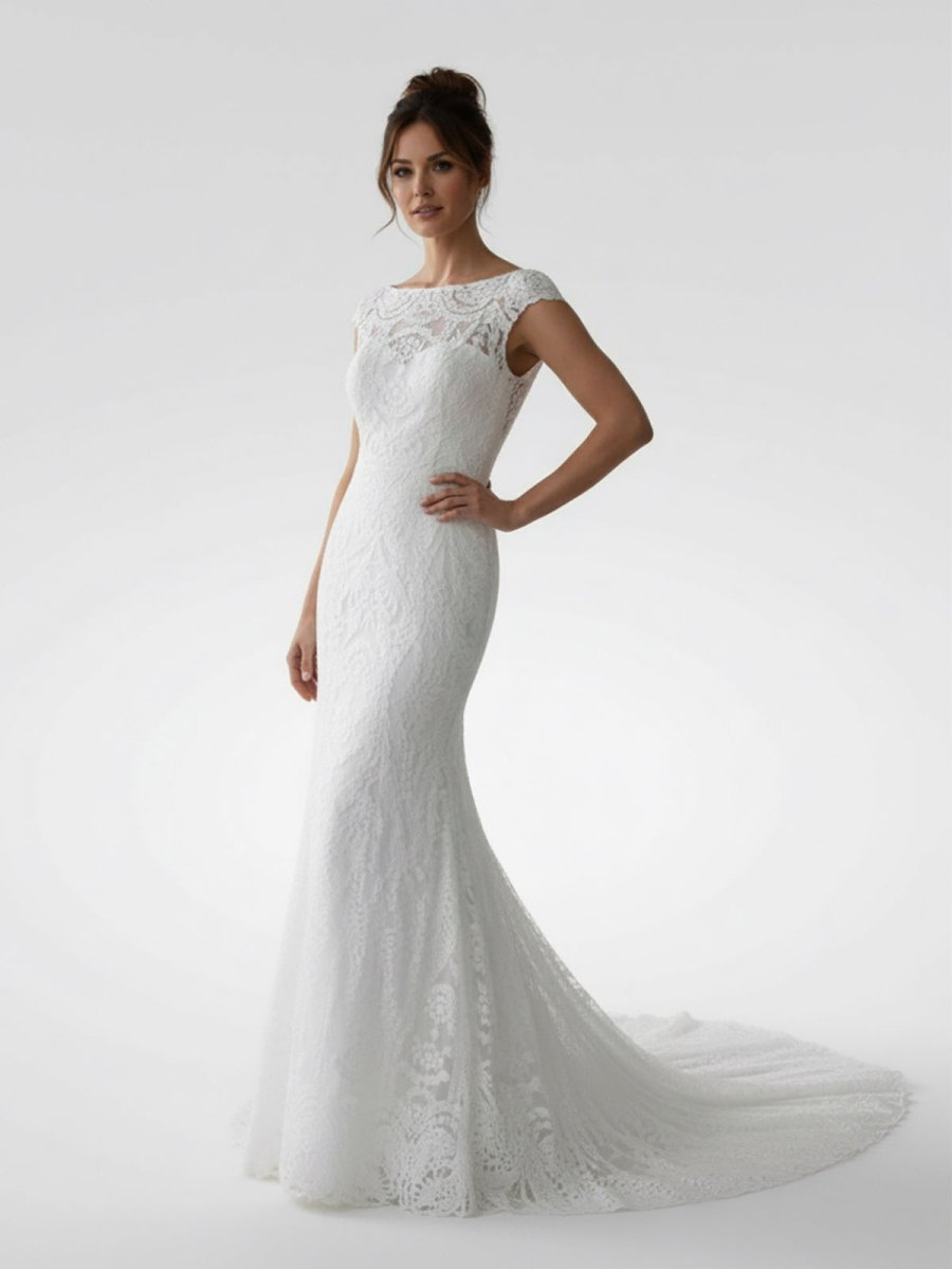 White Mermaid Cap Sleeve Lace Wedding Dress - KissProm