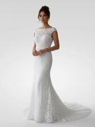 White Mermaid Cap Sleeve Lace Wedding Dress - KissProm