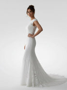 White Mermaid Cap Sleeve Lace Wedding Dress - KissProm