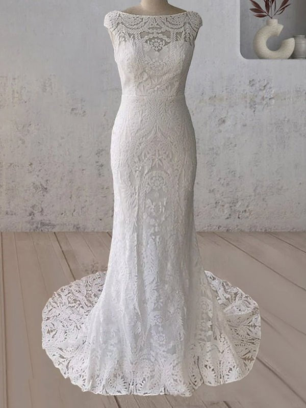White Mermaid Cap Sleeve Lace Wedding Dress - KissProm