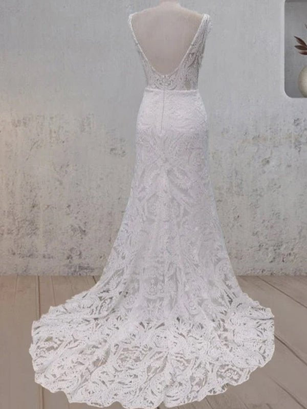 White Mermaid Cap Sleeve Lace Wedding Dress - KissProm