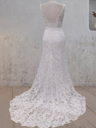White Mermaid Cap Sleeve Lace Wedding Dress - KissProm