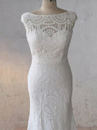 White Mermaid Cap Sleeve Lace Wedding Dress - KissProm