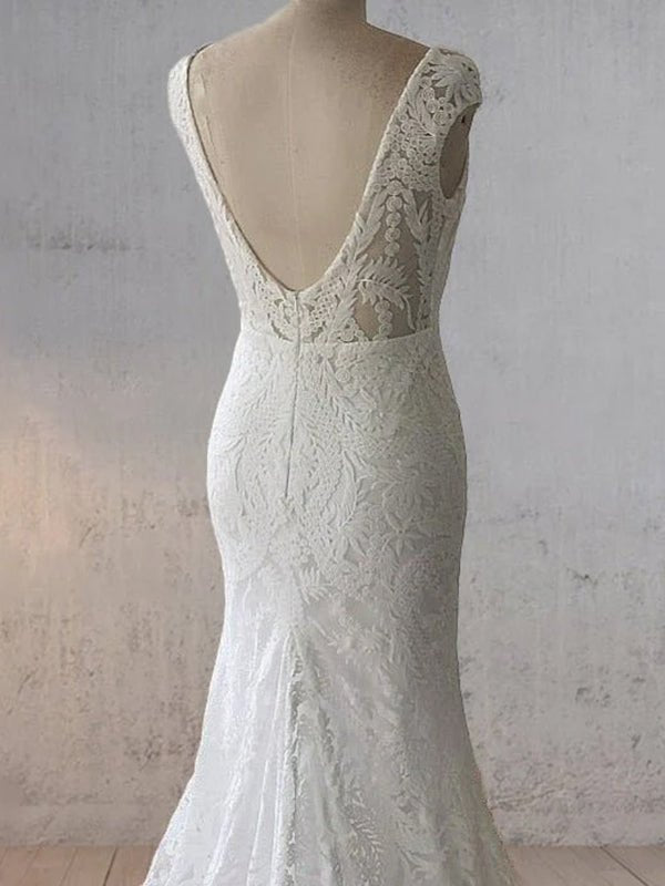 White Mermaid Cap Sleeve Lace Wedding Dress - KissProm