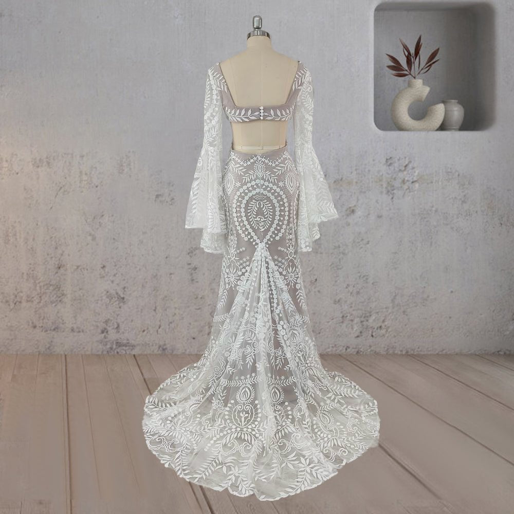 White Mermaid Enchantment Flower Prints Wedding Dress, White-Nude / 14 White Mermaid Enchantment Flower Prints Wedding Dress, White-Nude / 14