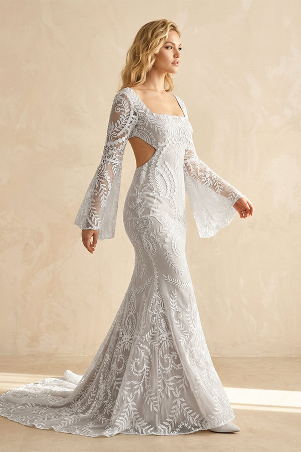 White Mermaid Enchantment Flower Prints Wedding Dress-Wedding Dresses by KissProm | Available at KissProm