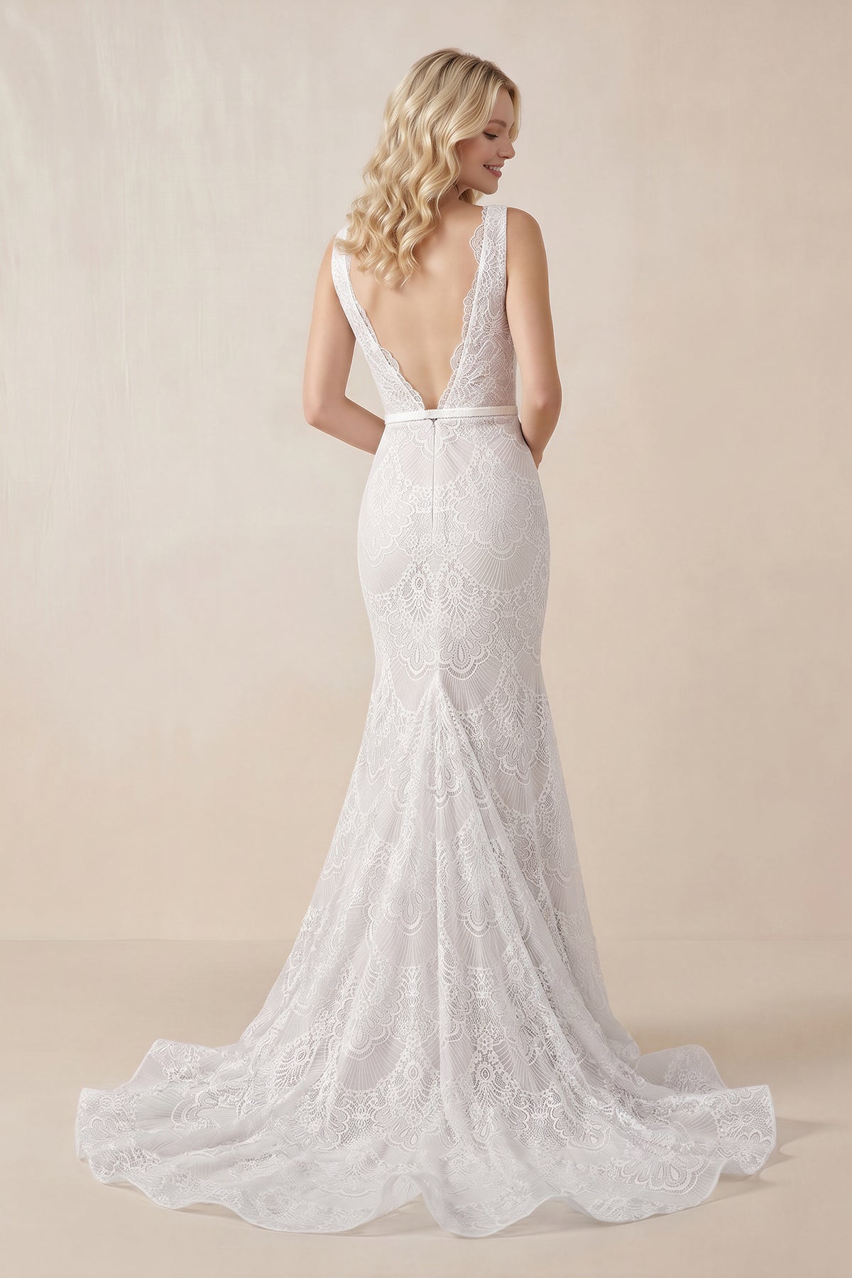 KissProm Bohemian Lace wedding Dresses Mermaid V-Neck Backless Bridal Gowns, White-Nude / Custom Size