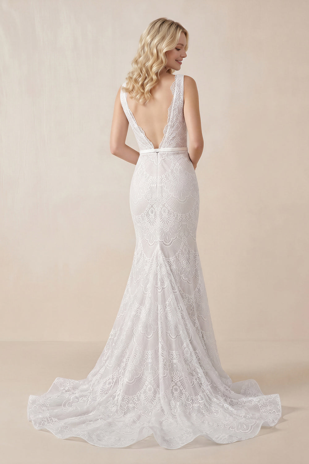 White-Nude Bohemian Lace wedding Dresses Mermaid V-Neck Backless Bridal Gowns | KISSPROM