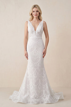 White-Nude Bohemian Lace wedding Dresses Mermaid V-Neck Backless Bridal Gowns | KISSPROM