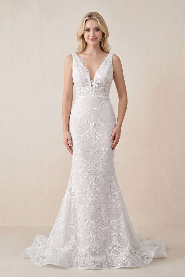 White-Nude Bohemian Lace wedding Dresses Mermaid V-Neck Backless Bridal Gowns | KISSPROM