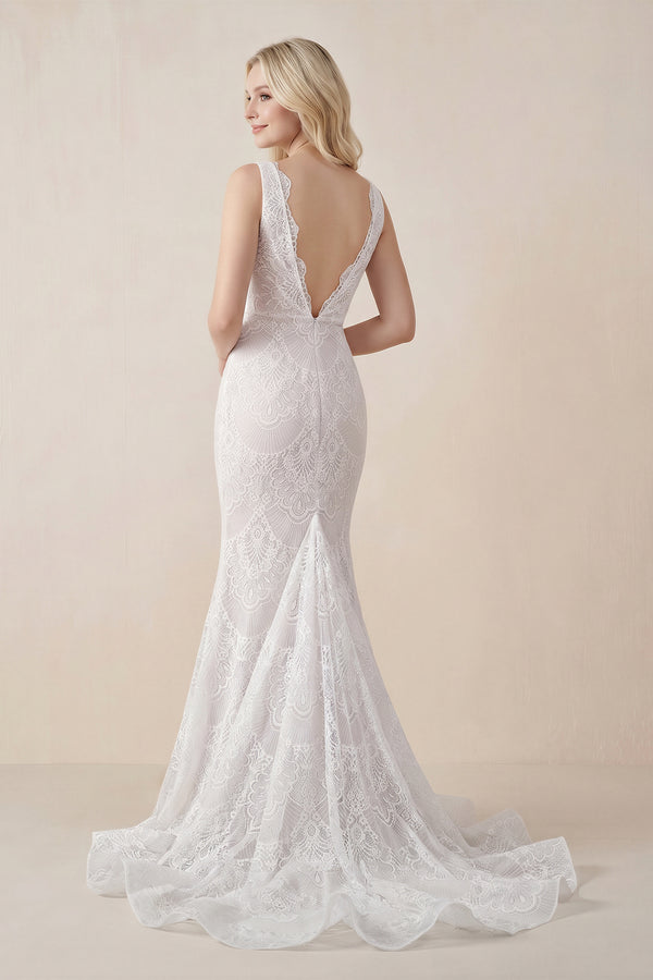 White-Nude Bohemian Lace wedding Dresses Mermaid V-Neck Backless Bridal Gowns | KISSPROM