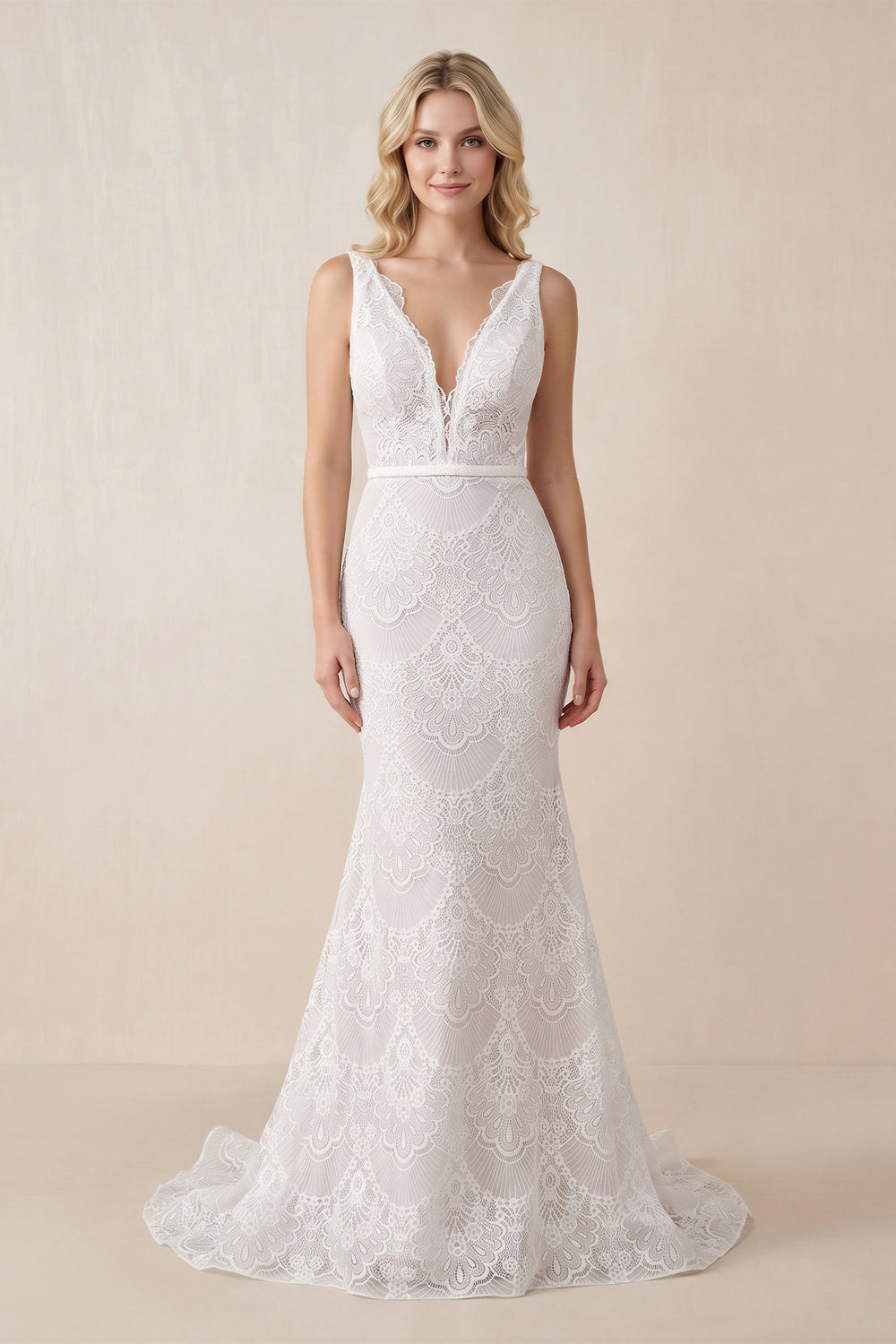 White-Nude Bohemian Lace wedding Dresses Mermaid V-Neck Backless Bridal Gowns | KISSPROM