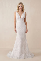 White-Nude Bohemian Lace wedding Dresses Mermaid V-Neck Backless Bridal Gowns | KISSPROM
