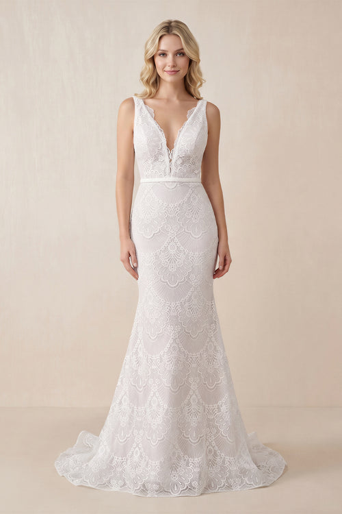 White-Nude Bohemian Lace wedding Dresses Mermaid V-Neck Backless Bridal Gowns | KISSPROM
