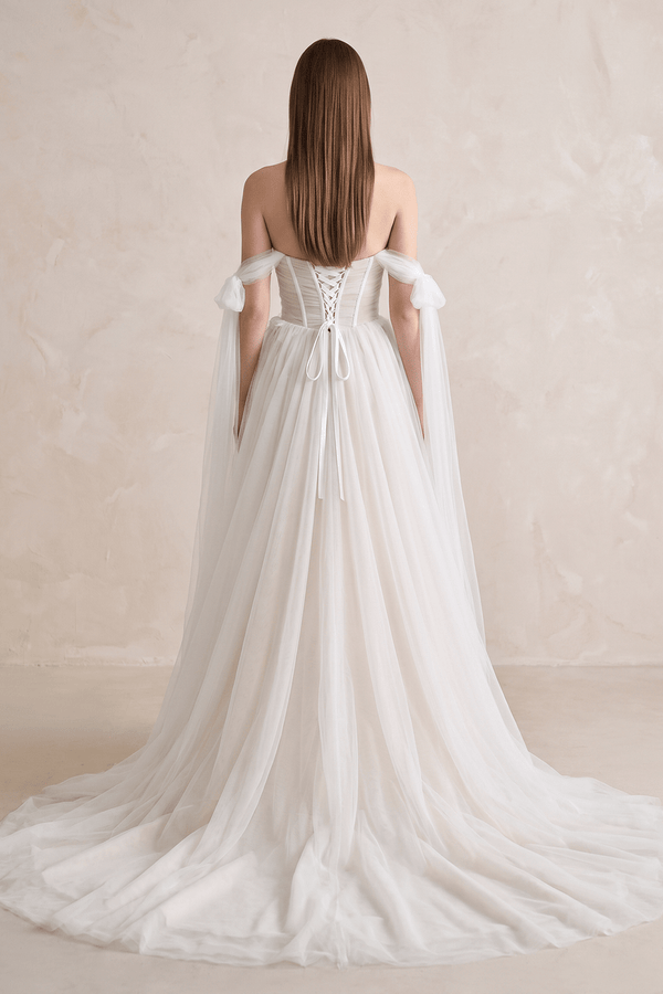 White-Nude Fairy Off the Shoulder Tulle Wedding Dresses with Slit (2) | KISSPROM
