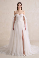 White-Nude Fairy Off the Shoulder Tulle Wedding Dresses with Slit | KISSPROM