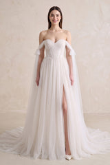 White-Nude Fairy Off the Shoulder Tulle Wedding Dresses with Slit | KISSPROM