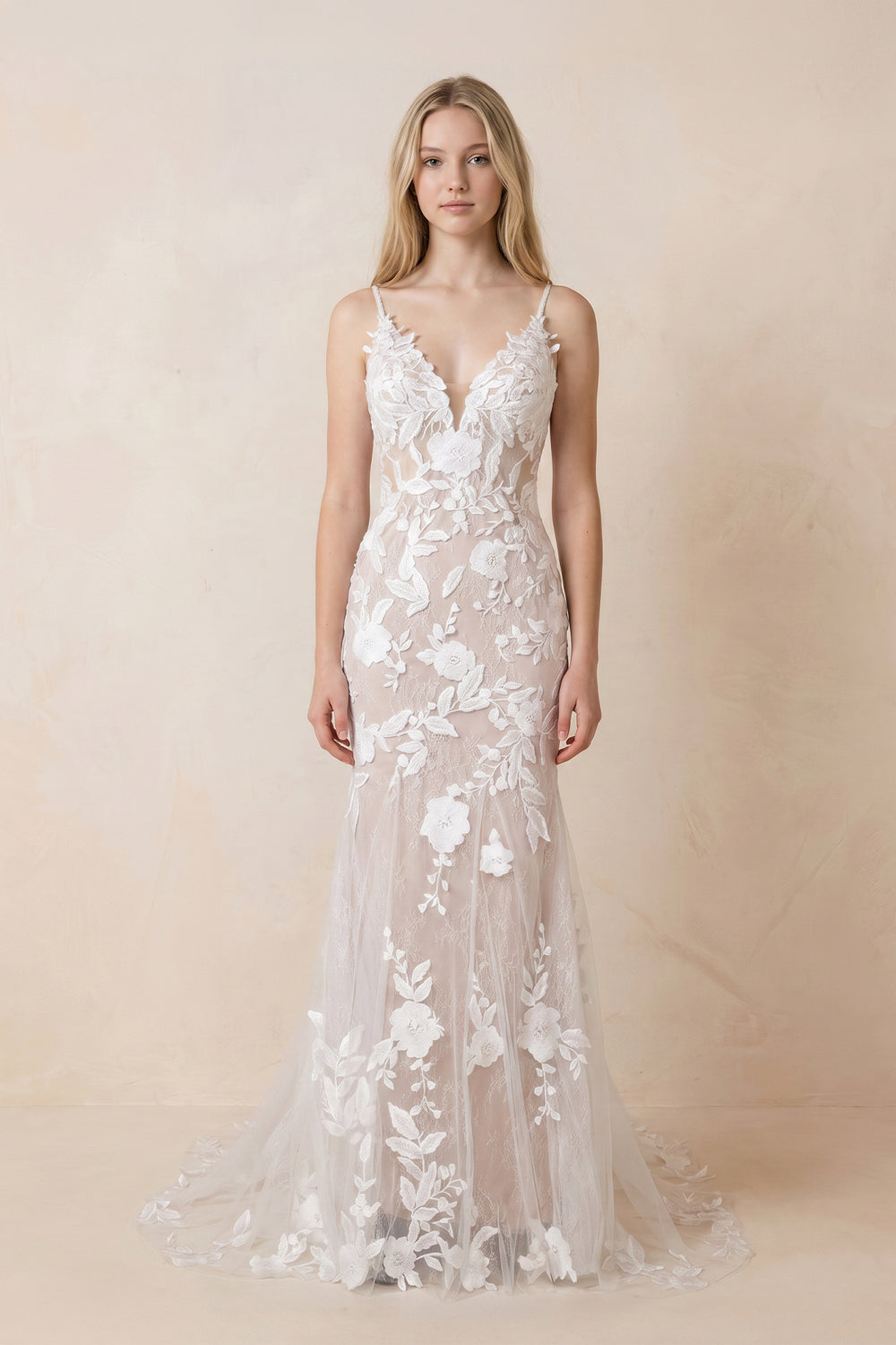 Mermaid V Neck Tulle Lace Sleeveless  Ivory Wedding Dresses - KissProm