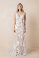 Mermaid V Neck Tulle Lace Sleeveless  Ivory Wedding Dresses - KissProm