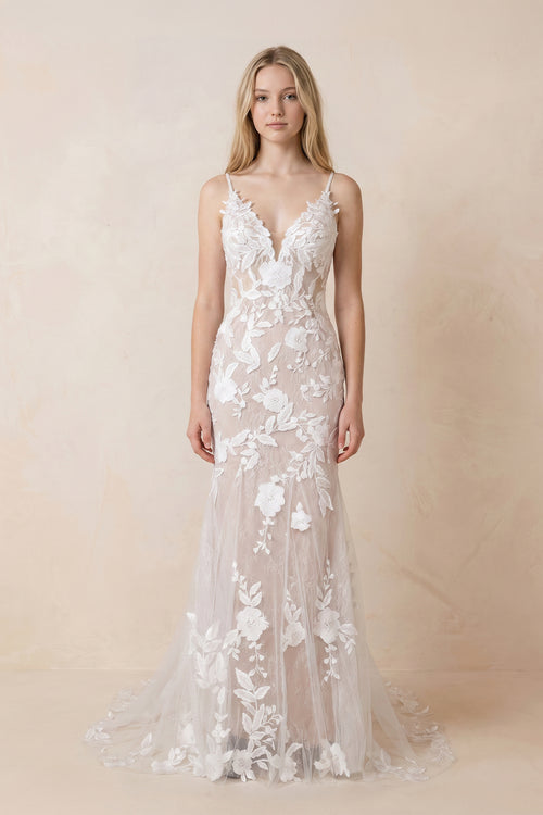 Mermaid V Neck Tulle Lace Sleeveless  Ivory Wedding Dresses - KissProm