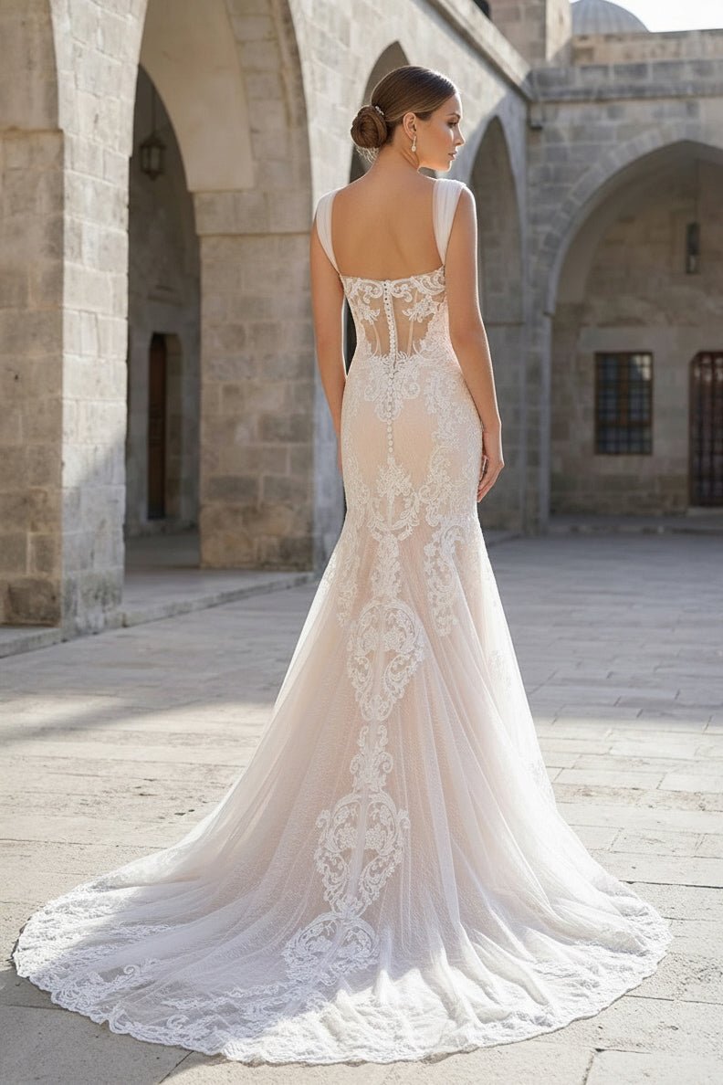 KissProm Mermaid Off the Shoulder Lace Wedding Dresses with Train, White-Nude / 8