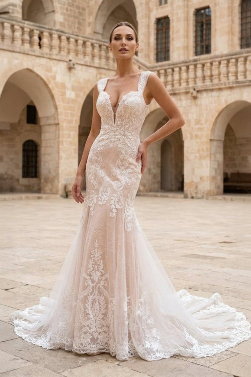 long wedding dresses with trains Mermaid Off the Shoulder Lace Wedding Dresses with Train, White-Nude / 8