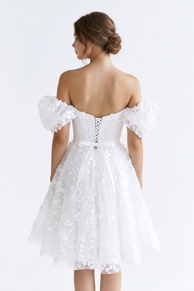 KissProm White Off-the-Shoulder A-Line Lace Graduation Dress, White / 14