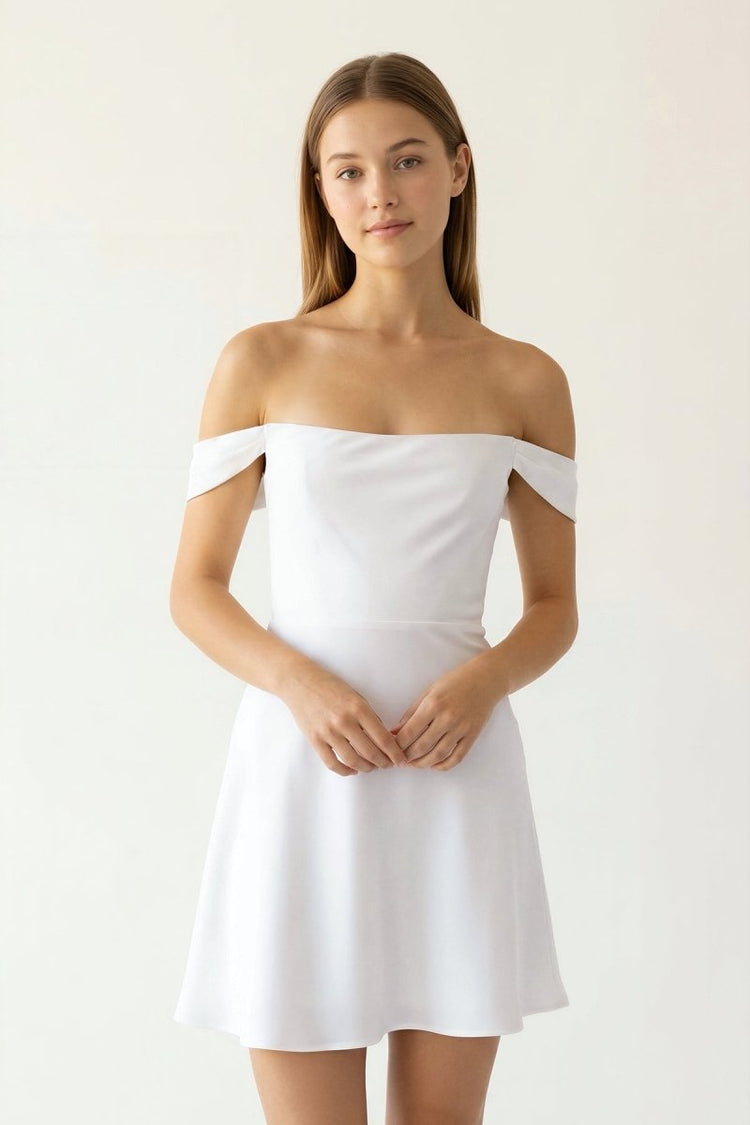 KissProm White Off-the-Shoulder A-Line Satin Graduation Dress, White / 14