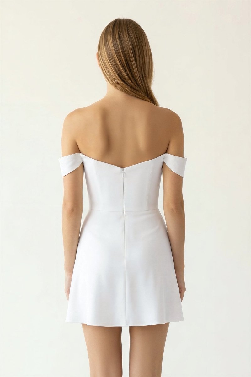 White Off-the-Shoulder A-Line Satin Graduation Dress – Graduation Dresses by KissProm | Available at KissProm