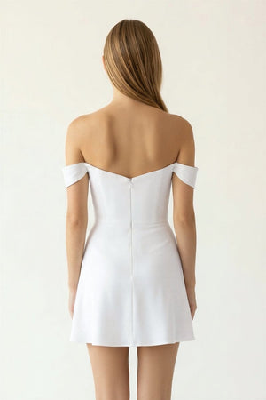 White Off-the-Shoulder A-Line Satin Graduation Dress – Graduation Dresses by KissProm | Available at KissProm